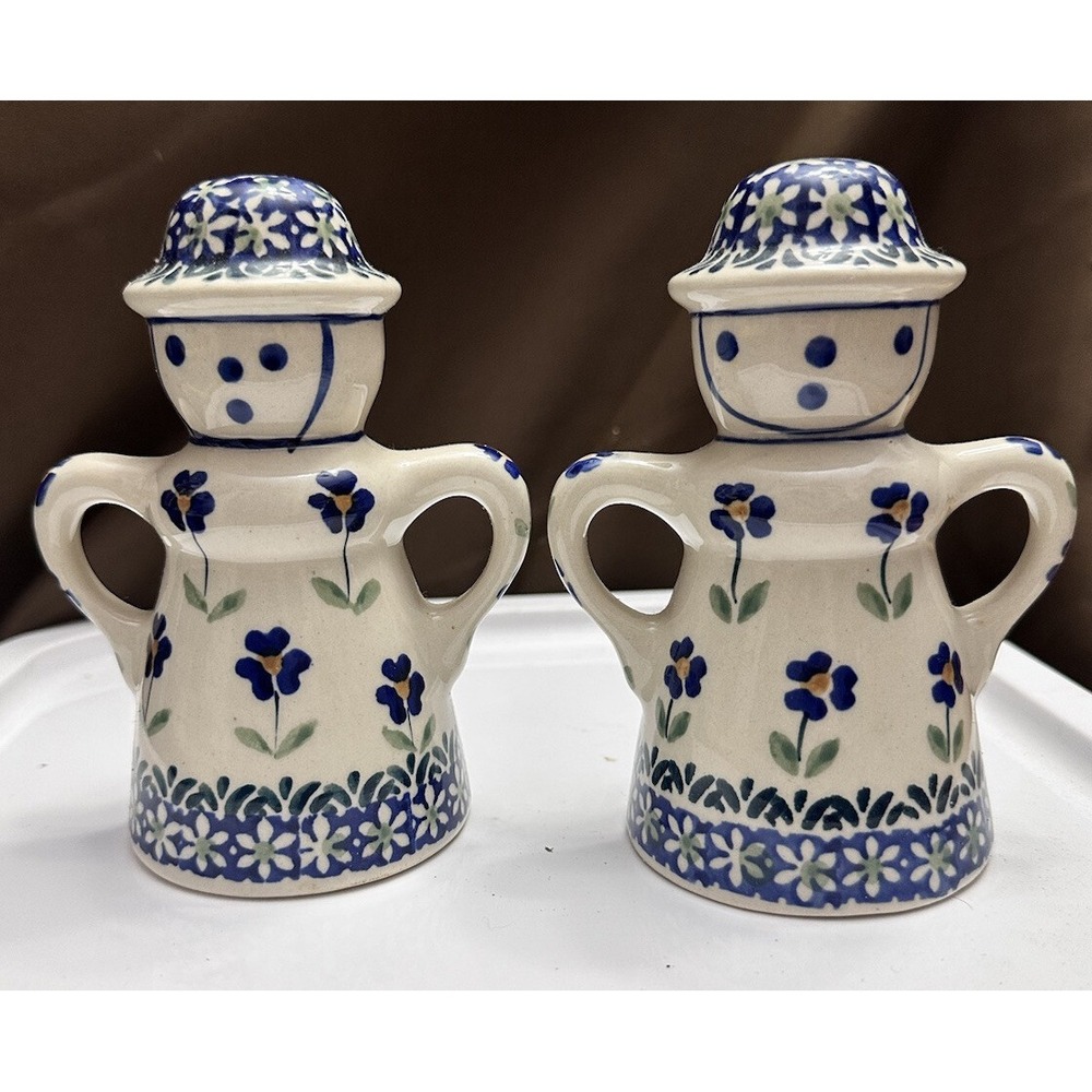 Manufaktura Polish Pottery Salt  Pepper Shakers Girl Figure Blue Floral 5" Folk